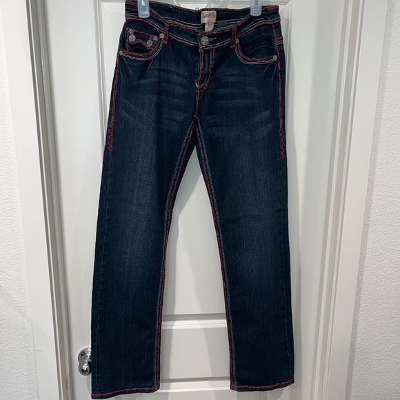 LAGUNA BEACH JEANS VINTAGE STRAIGHT CUT POCKET SKULLS SIZE 31 BLUE MADE IN USA - Picture 1 of 14